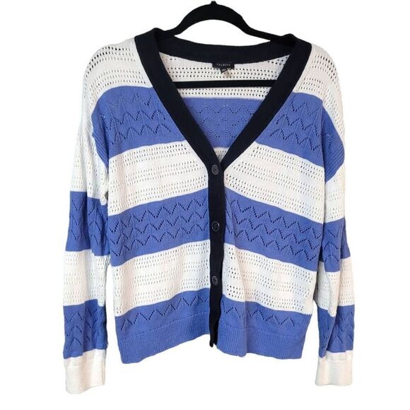 Talbots linen blend crochet button front cardigan office chic Striped nautical M - Picture 1 of 9
